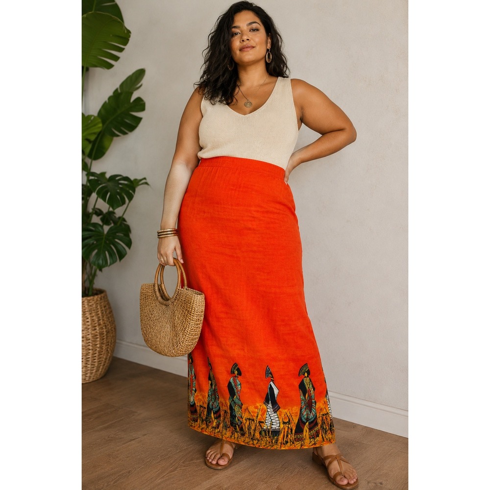 Nefertiti Orange African Print Maxi Skirt XL Art Ethnic Tribal Eclectic Afro Vtg